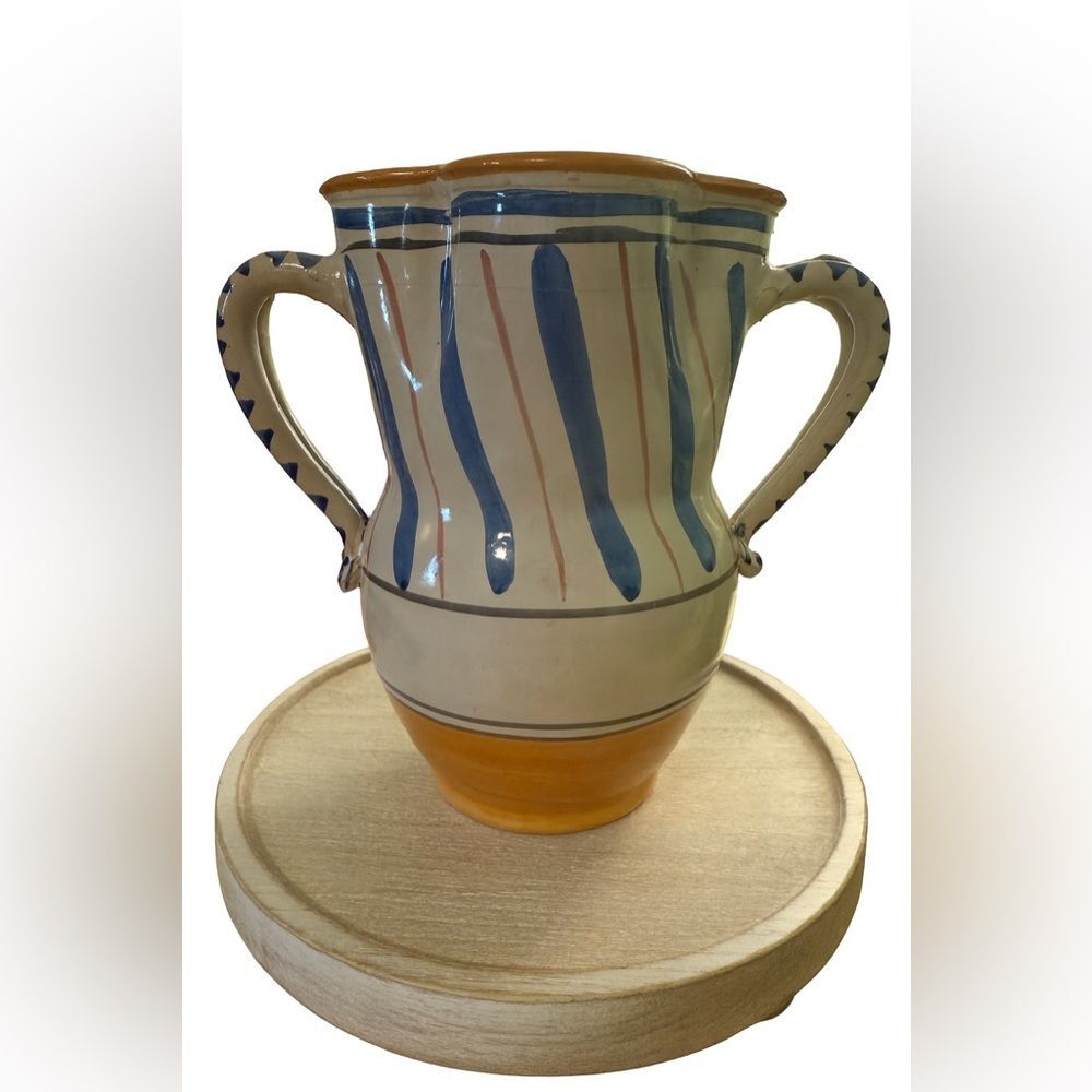 Hand-Painted Mediterranean Pottery Vase Blue Striped Ceramic Urn Double Handles